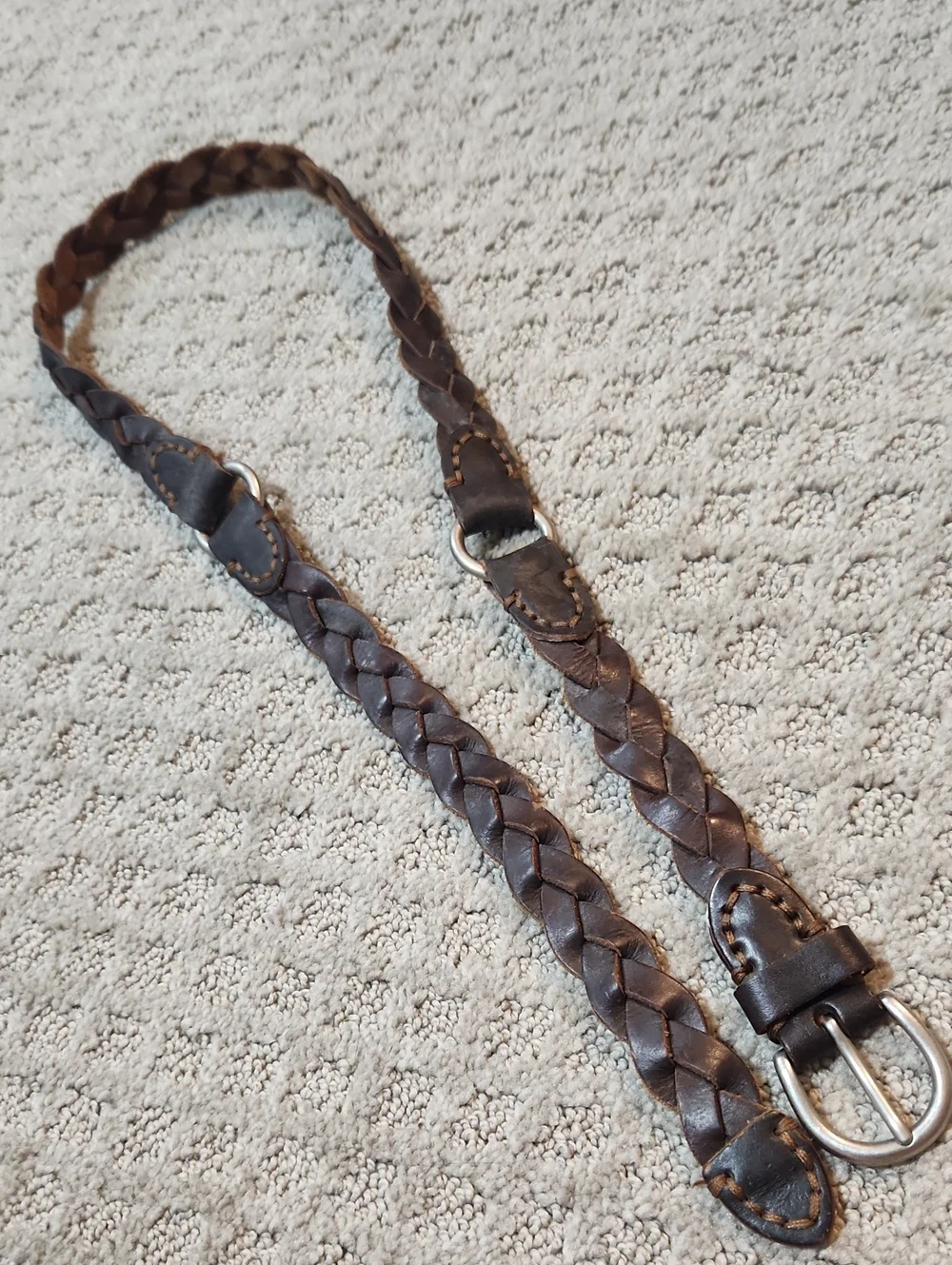 Braided Brown Leather Belt With Silver Tone Buckle & Harness Style Rings Large